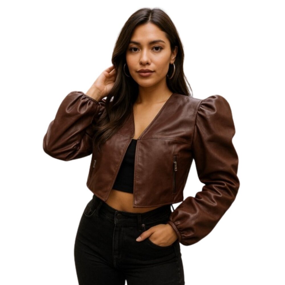 AZALEA WANG Leather Cropped Jacket Brown Statement Sleeve Small NWOT